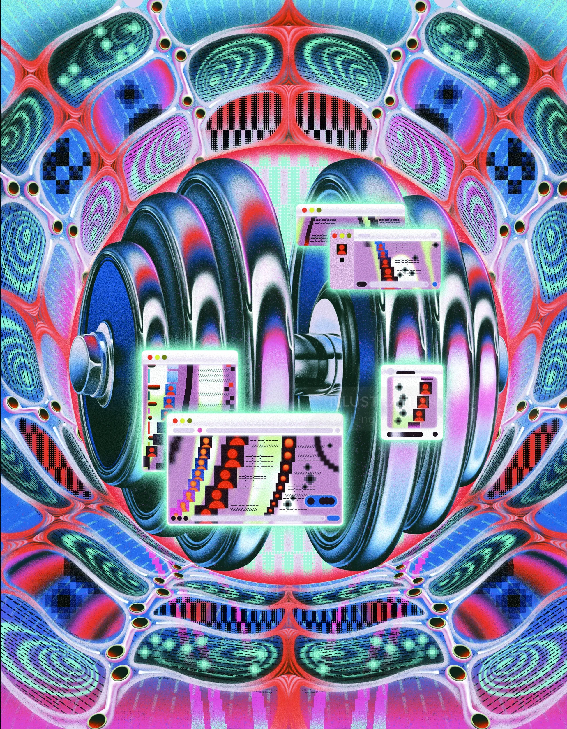 Abstract digital wheel with geometric and psychedelic patterns by Wenjing Yang