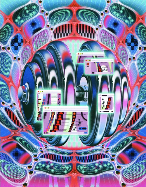 Abstract digital wheel with geometric and psychedelic patterns by Wenjing Yang