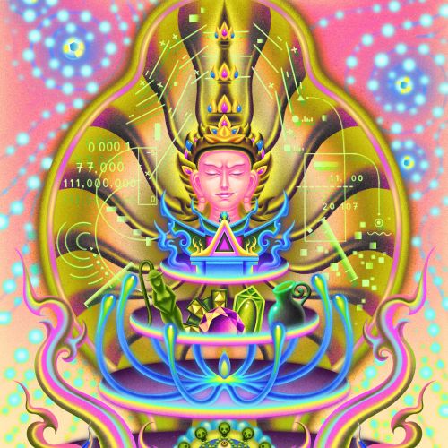 Psychedelic meditating figure with lotus forms by Wenjing Yang