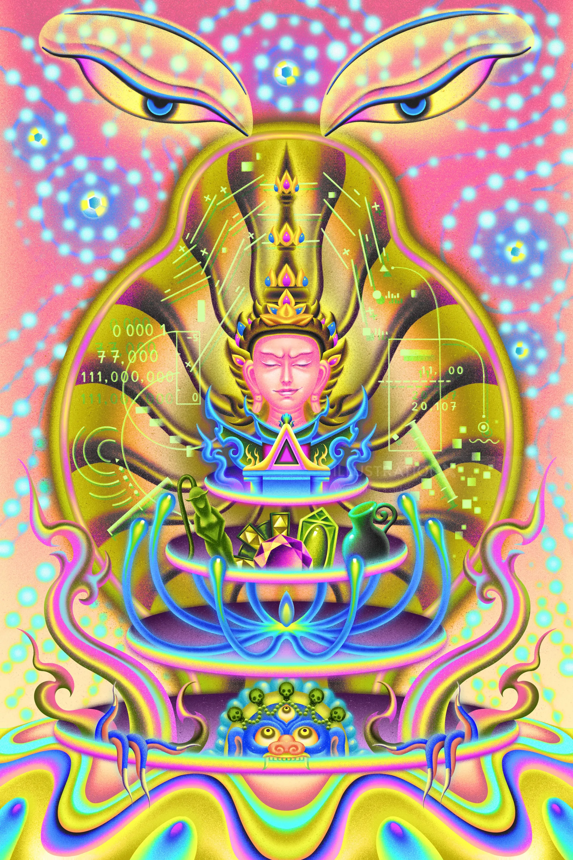 Figura psicodélica meditando con formas de loto por Wenjing Yang