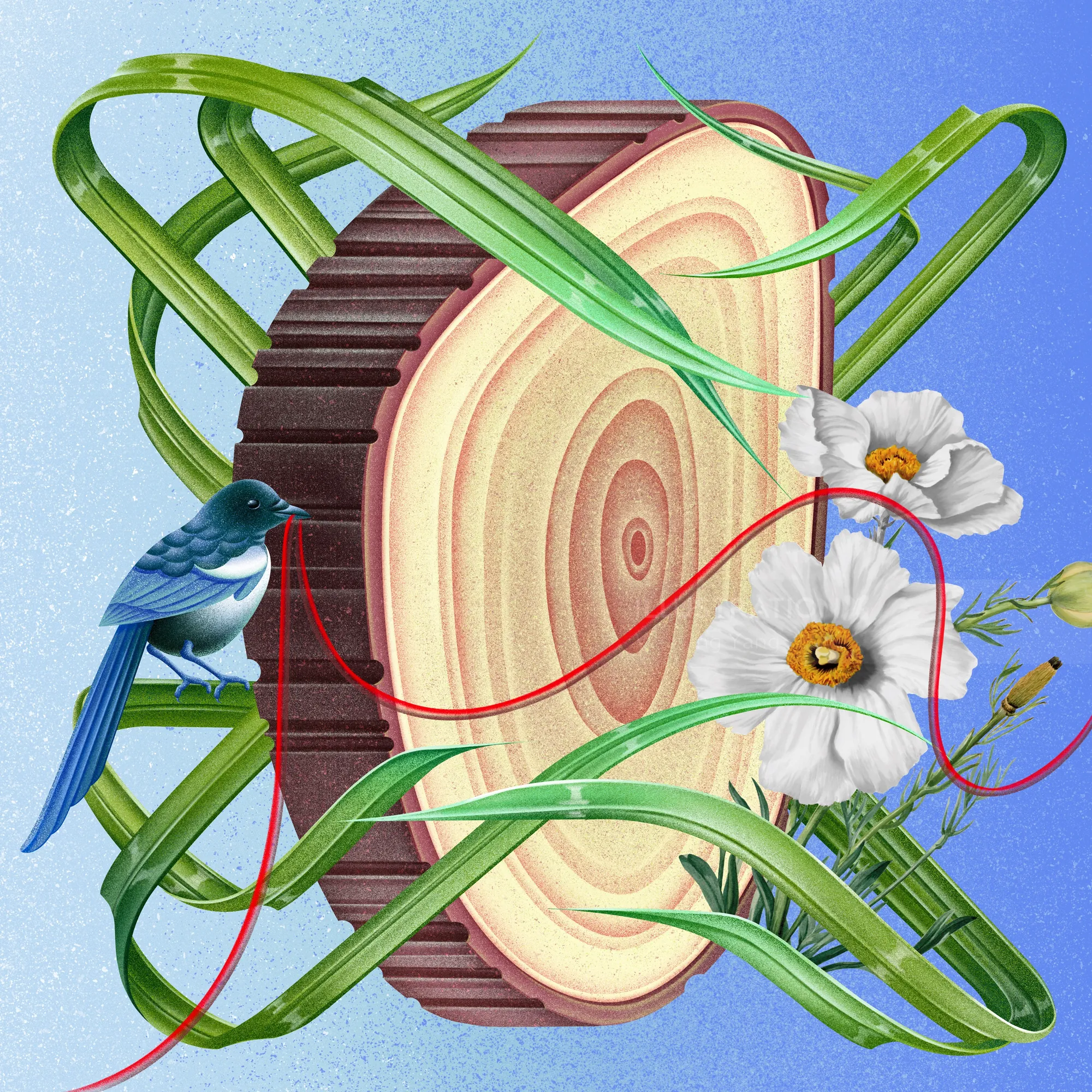 Wenjing Yang Illustration von Ranken, Vögeln, Blumen und einer runden Baumscheibe