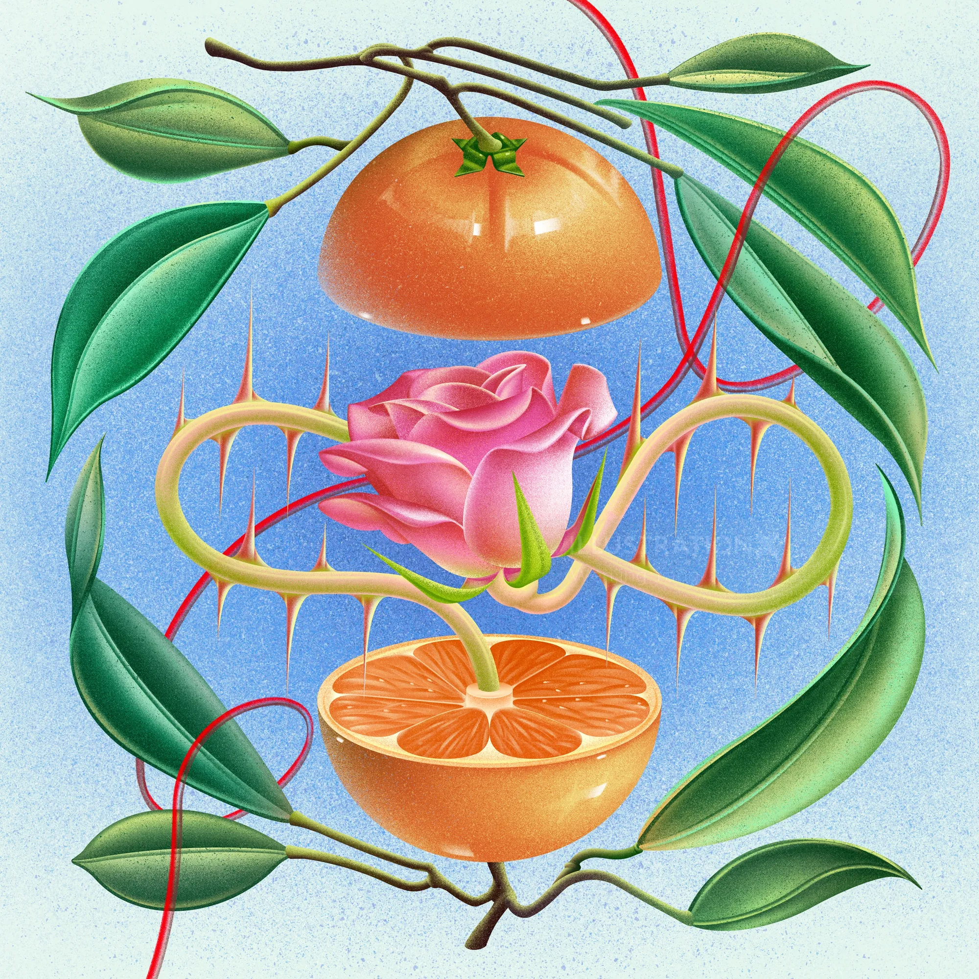 Wenjing Yang artwork of orange fruit, pink flower, vines, and green leaves