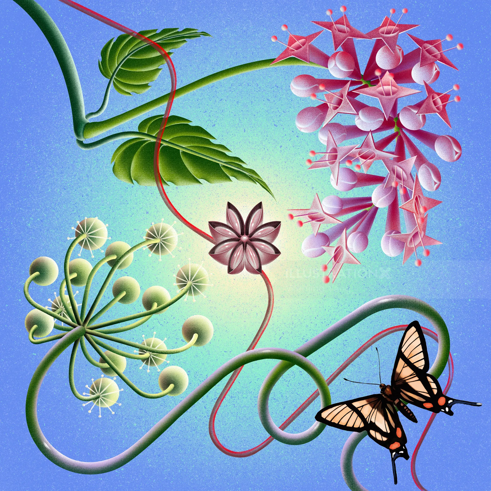Botanical vines, blossoms, seed heads, and butterfly by Wenjing Yang