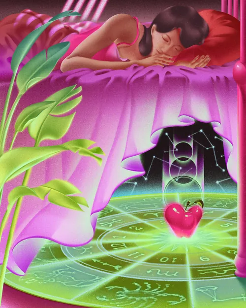 Wenjing Yang 巨大なピンクの花の上で眠る女性の絵