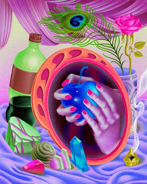 Surreal cell-like artwork with hands, peacock feather, flowers, and crystals by Wenjing Yang