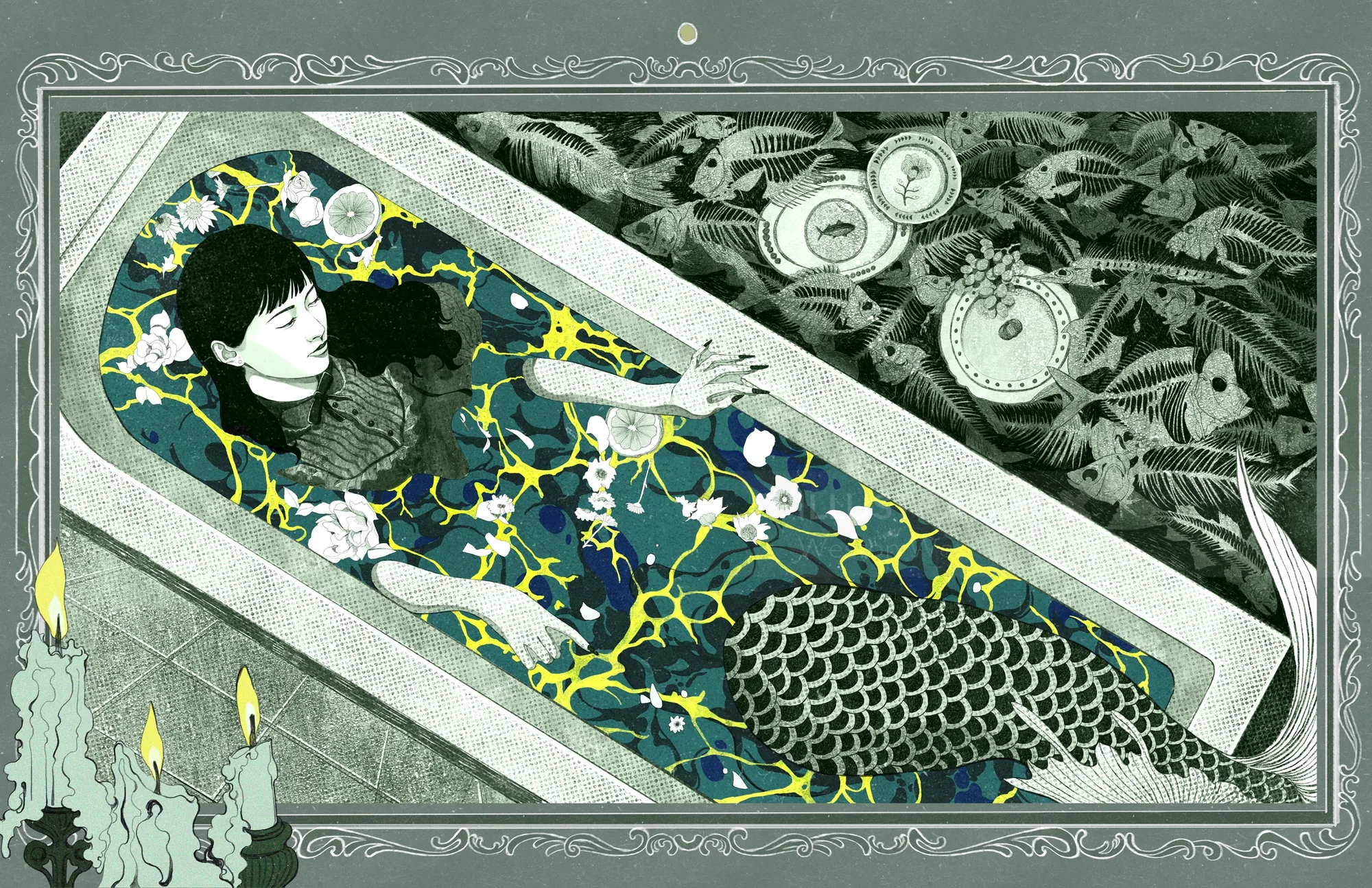 Digital painting of a woman lying in a coffin with fish and candles by Weston Wei