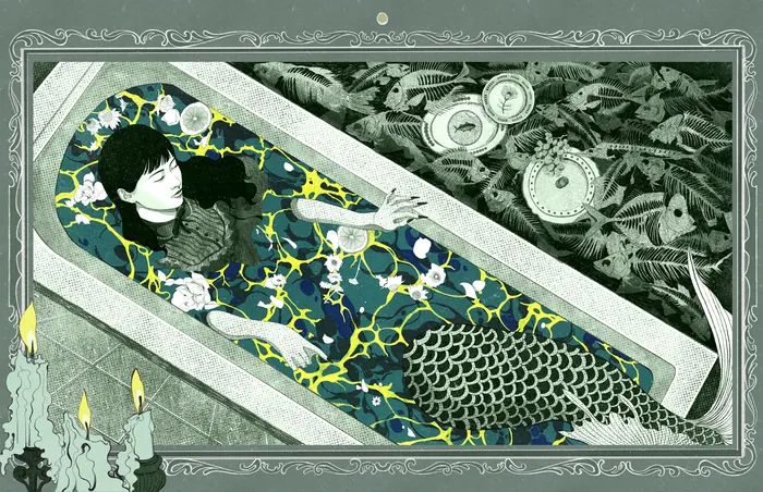 Digital painting of a woman lying in a coffin with fish and candles by Weston Wei