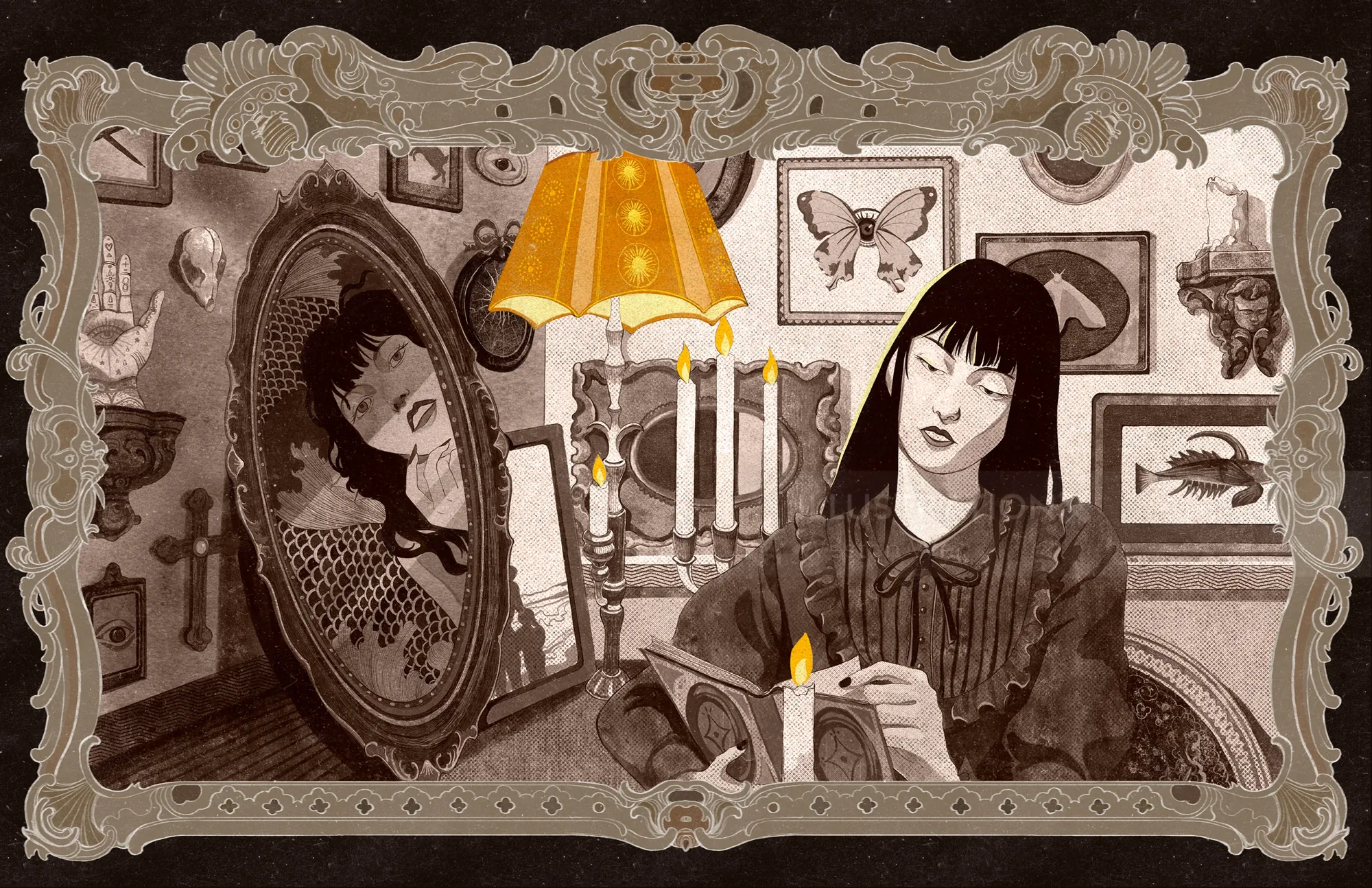 Digital painting of a woman holding candle surrounded by vintage items by Weston Wei