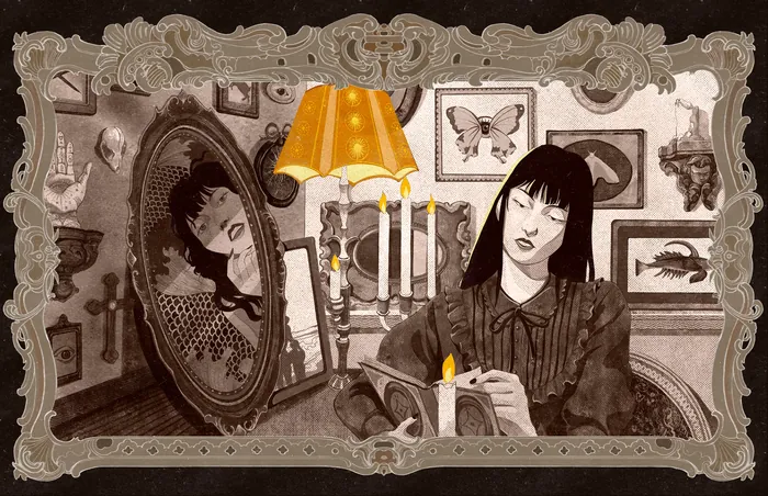 Digital painting of a woman holding candle surrounded by vintage items by Weston Wei