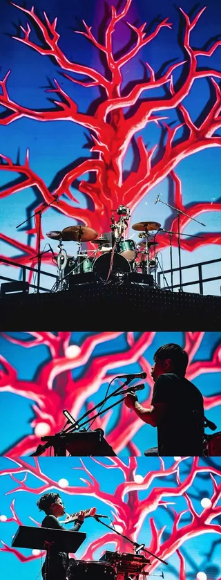 Digital painting of drum set with vibrant red tree backdrop by Weston Wei