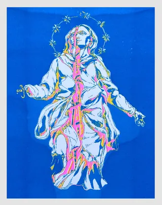 Colorful risograph of ascending figure with floral halo by Weston Wei