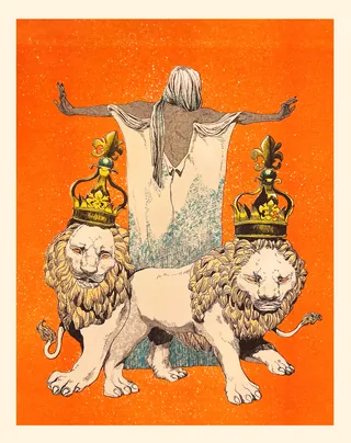 Illustration of two crowned lions beside a cloaked figure by Weston Wei