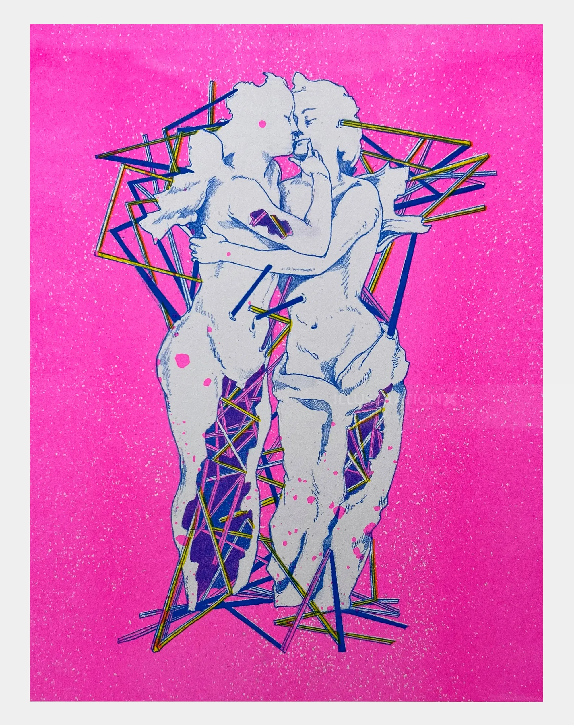 Two abstract figures embracing with geometric shapes on pink background by Weston Wei