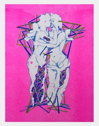 Two abstract figures embracing with geometric shapes on pink background by Weston Wei