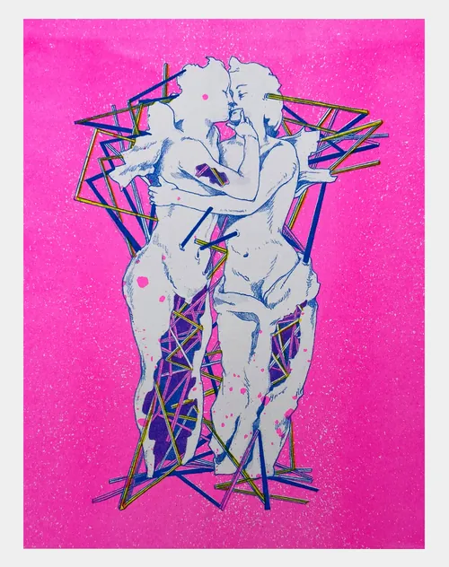 Two abstract figures embracing with geometric shapes on pink background by Weston Wei