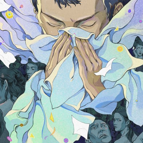 Digital painting of a man sneezing with flowing tissues around, by Weston Wei
