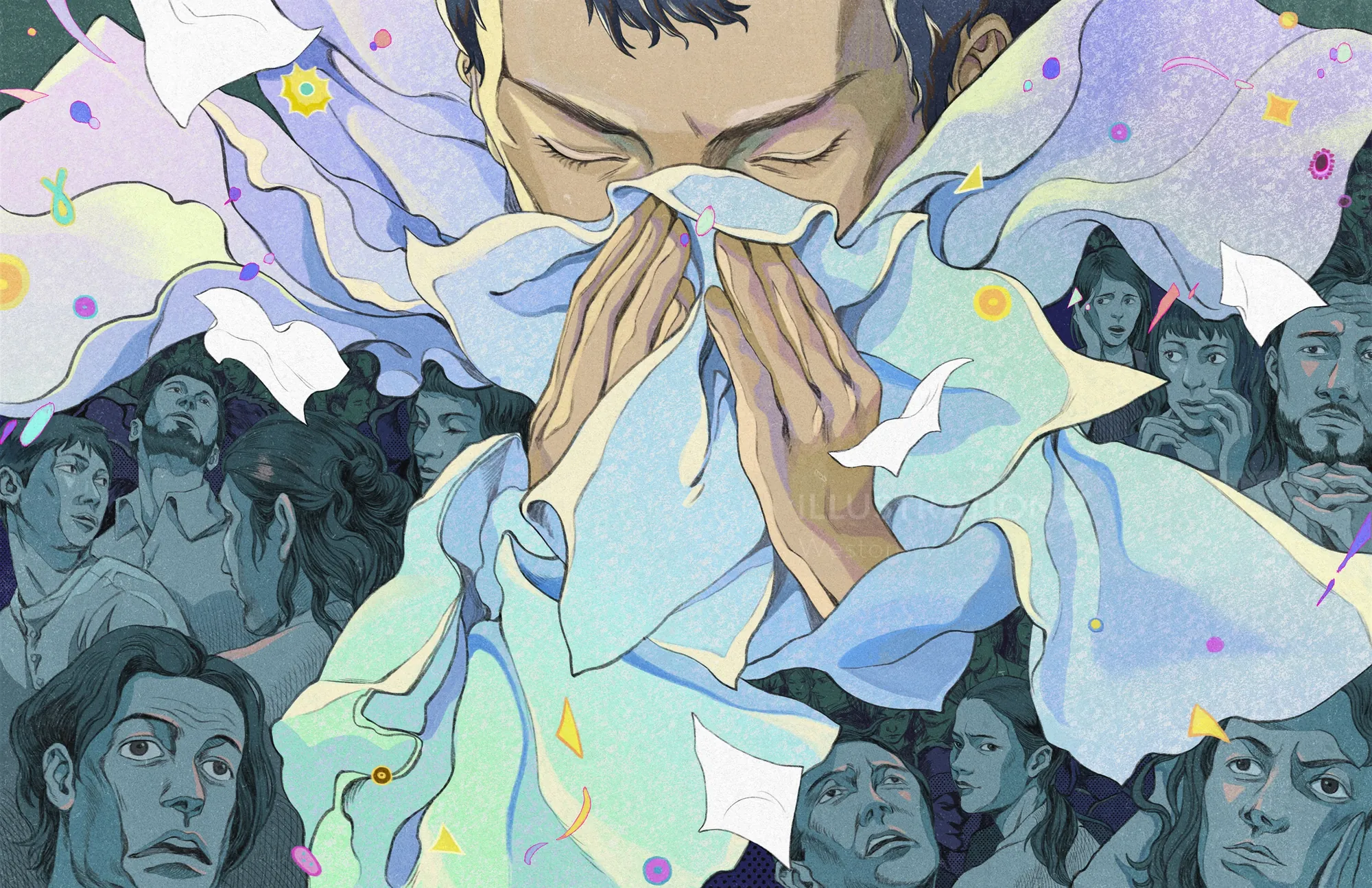 Digital painting of a man sneezing with flowing tissues around, by Weston Wei