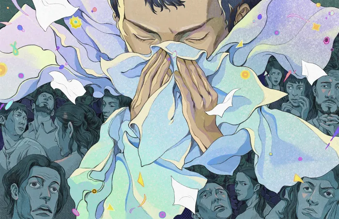 Digital painting of a man sneezing with flowing tissues around, by Weston Wei