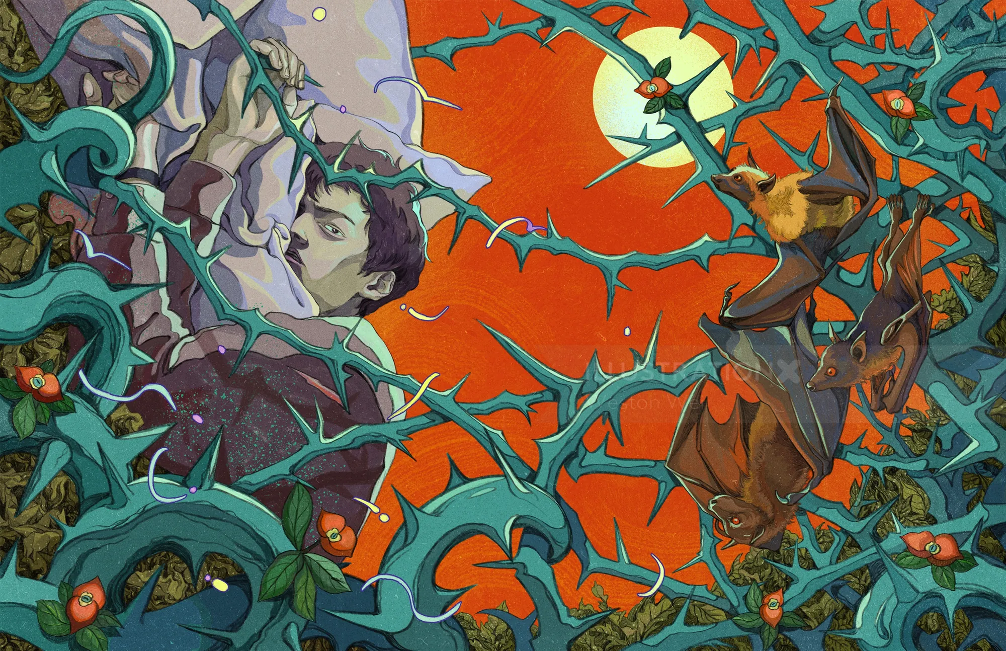 Digital painting of a man entangled in blue thorns with orange background by Weston Wei
