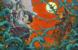 Digital painting of a man entangled in blue thorns with orange background by Weston Wei