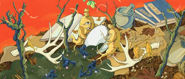 Surreal digital painting of figures amid herbs and antlers by Weston Wei