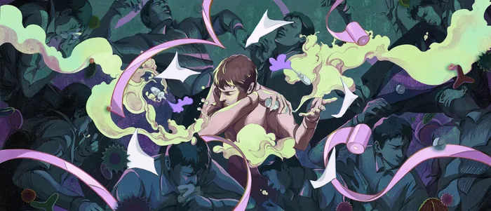 Digital painting of person with smoke and pink ribbons by Weston Wei