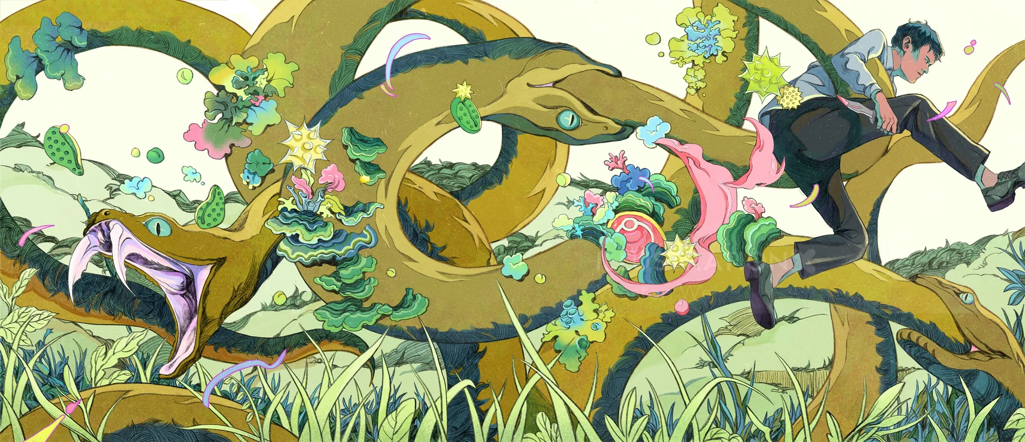 Digital painting of man running with giant ouroboros serpent by Weston Wei