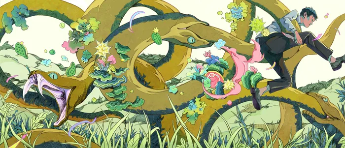 Digital painting of man running with giant ouroboros serpent by Weston Wei