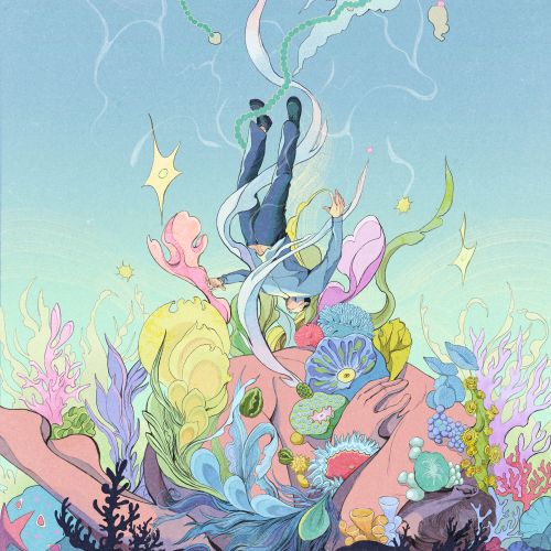 Surreal underwater scene with floating figure and colorful coral by Weston Wei