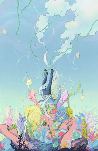 Surreal underwater scene with floating figure and colorful coral by Weston Wei