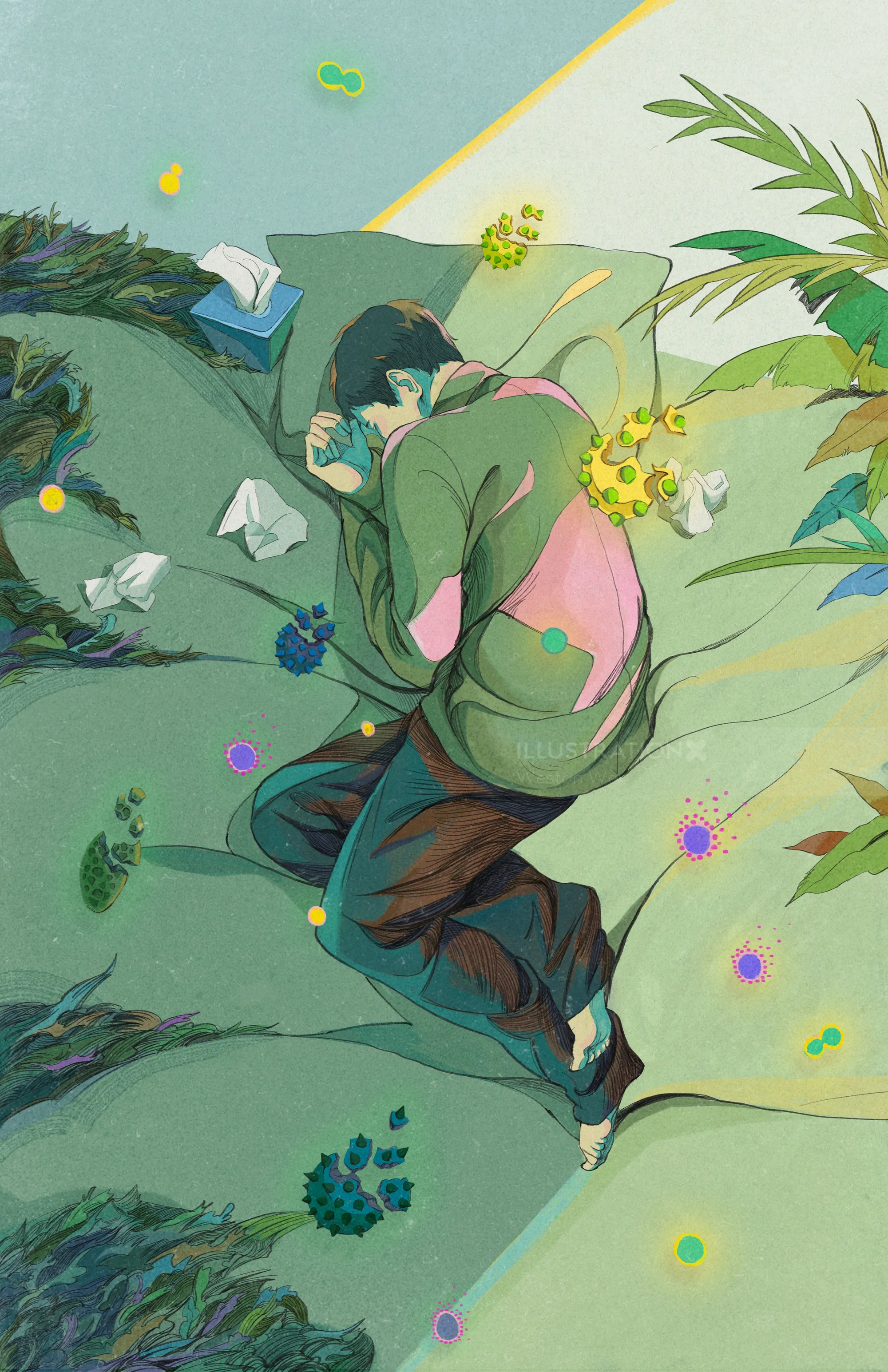 Digital painting of a person curled up on the ground surrounded by flowers by Weston Wei