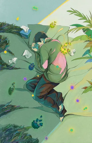 Digital painting of a person curled up on the ground surrounded by flowers by Weston Wei