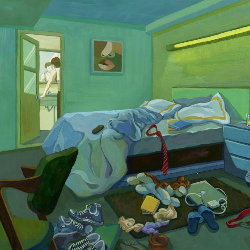 Gouache painting of a cluttered bedroom with a figure by Weston Wei