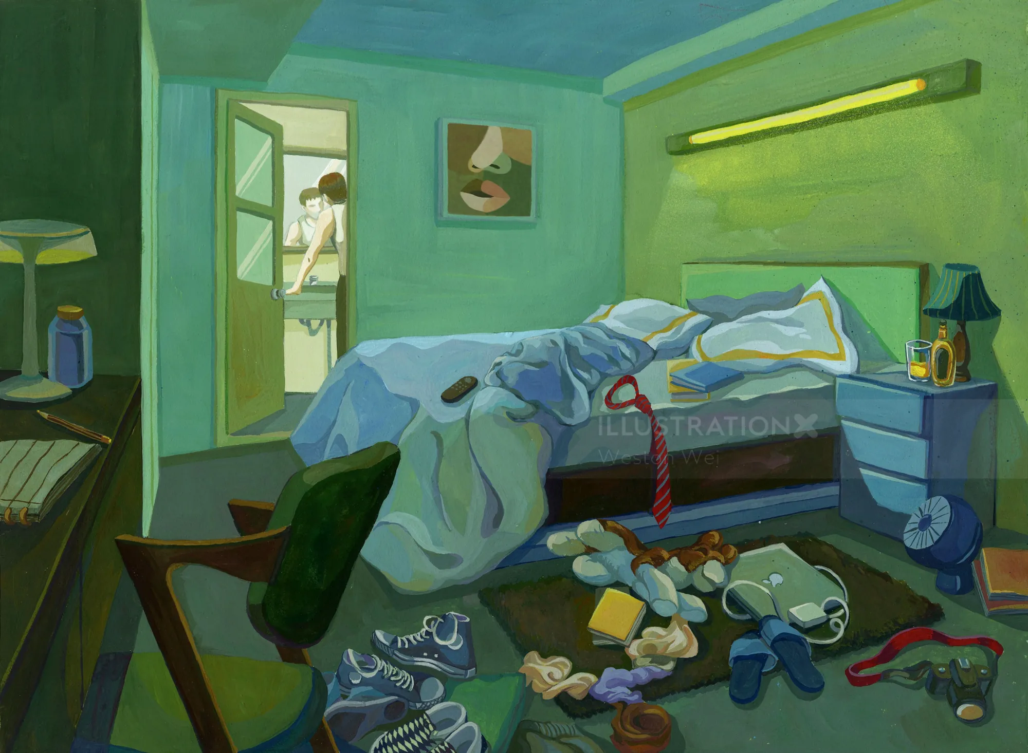 Gouache painting of a cluttered bedroom with a figure by Weston Wei