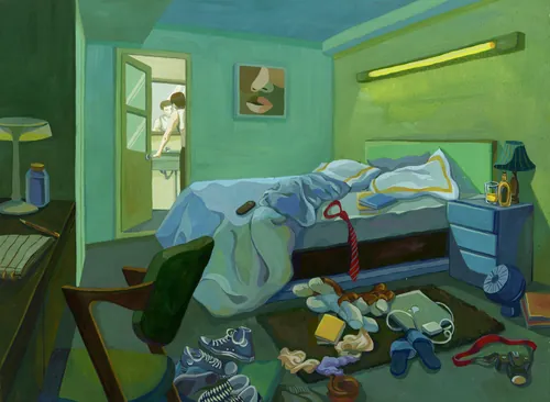 Gouache painting of a cluttered bedroom with a figure by Weston Wei