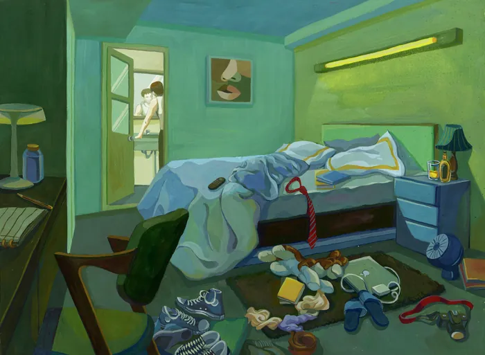 Gouache painting of a cluttered bedroom with a figure by Weston Wei