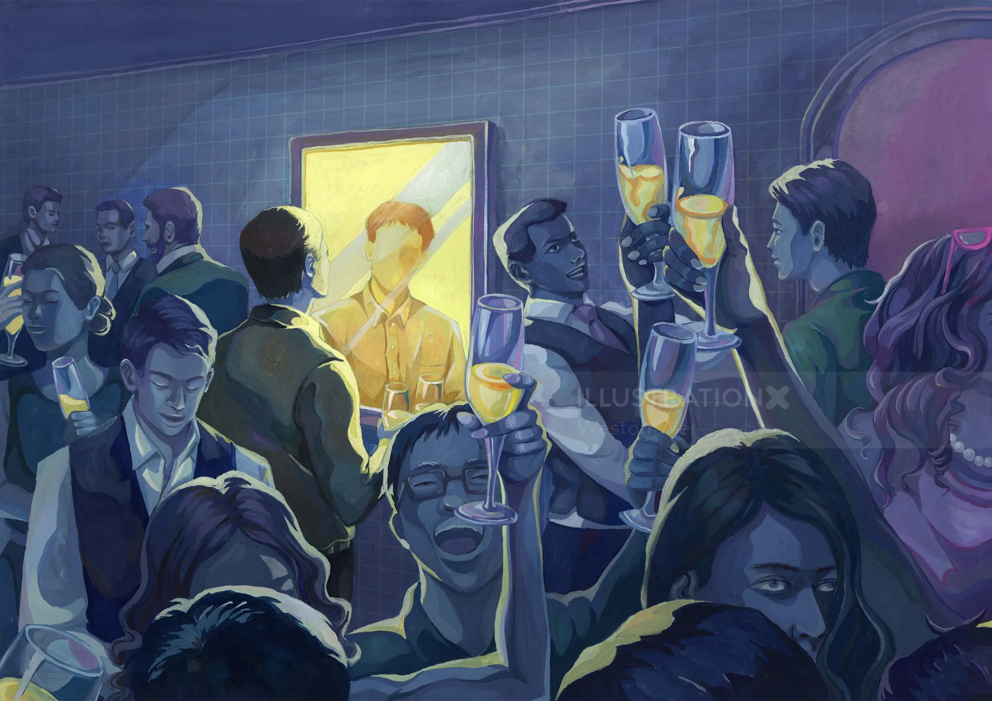 Gouache painting of people toasting at a crowded party by Weston Wei