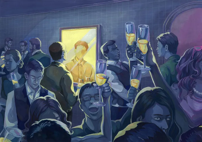 Gouache painting of people toasting at a crowded party by Weston Wei