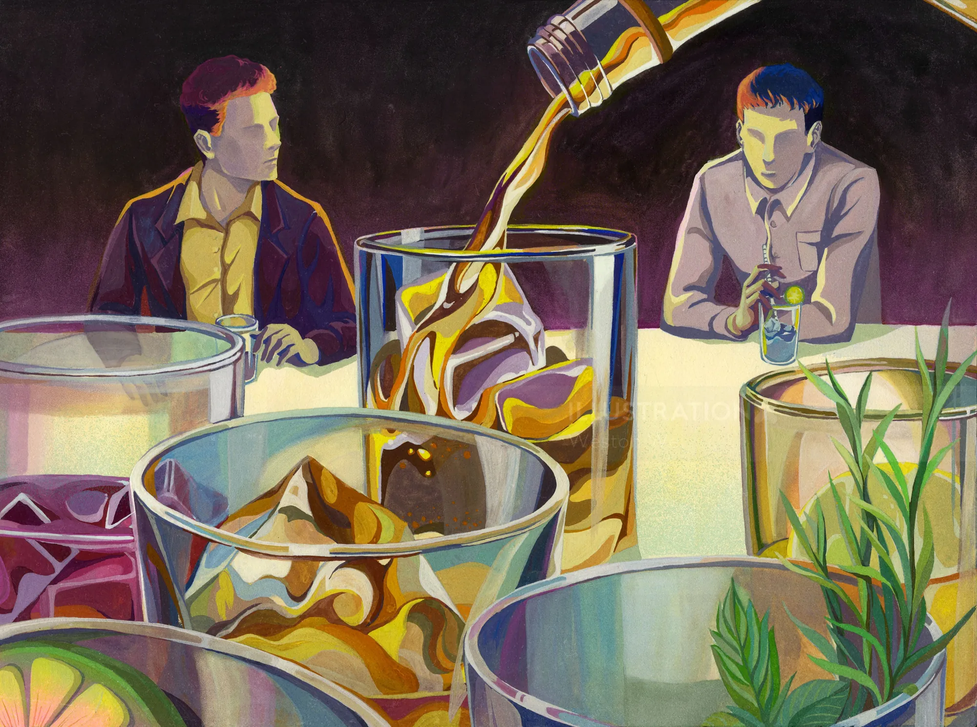 Two people sitting at a table with drinks, gouache painting by Weston Wei
