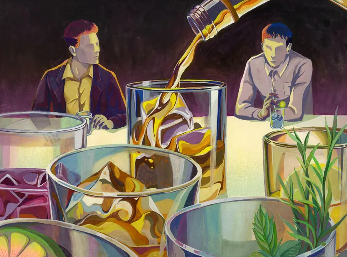 Two people sitting at a table with drinks, gouache painting by Weston Wei