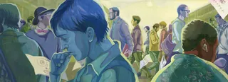 Gouache painting of people in a busy urban setting by Weston Wei