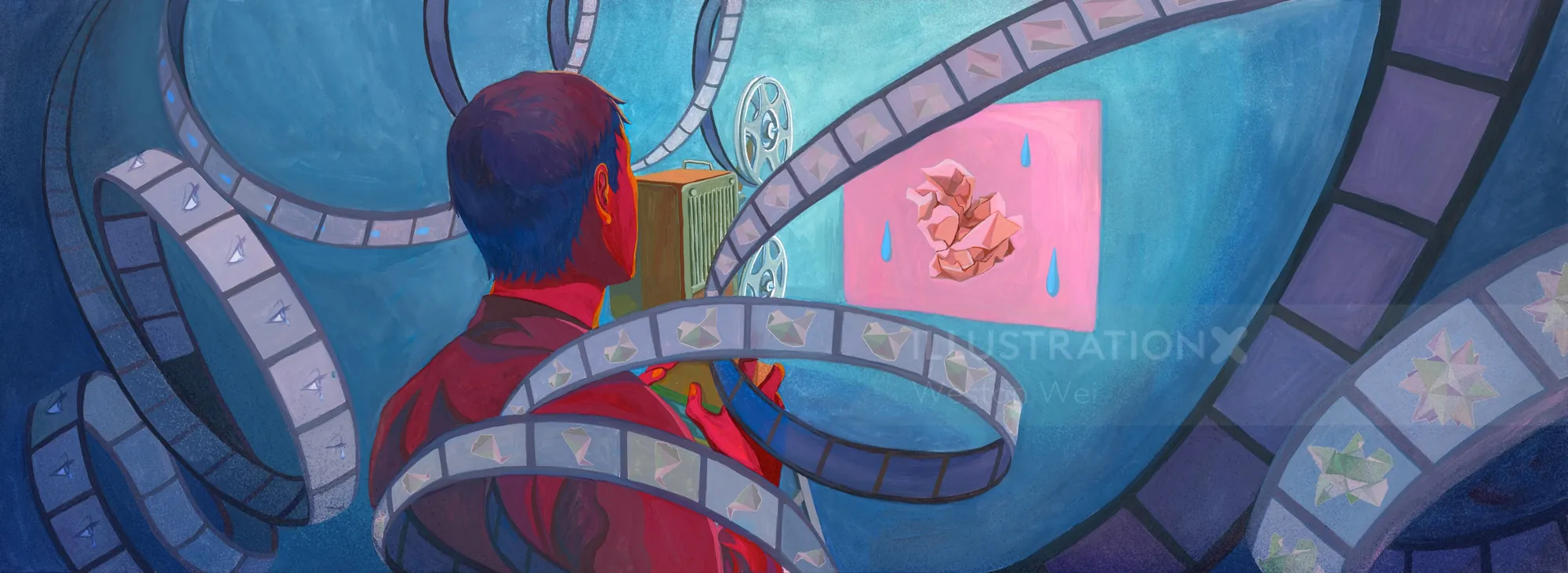Gouache painting of man surrounded by film reels by Weston Wei