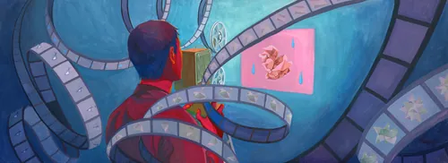 Gouache painting of man surrounded by film reels by Weston Wei
