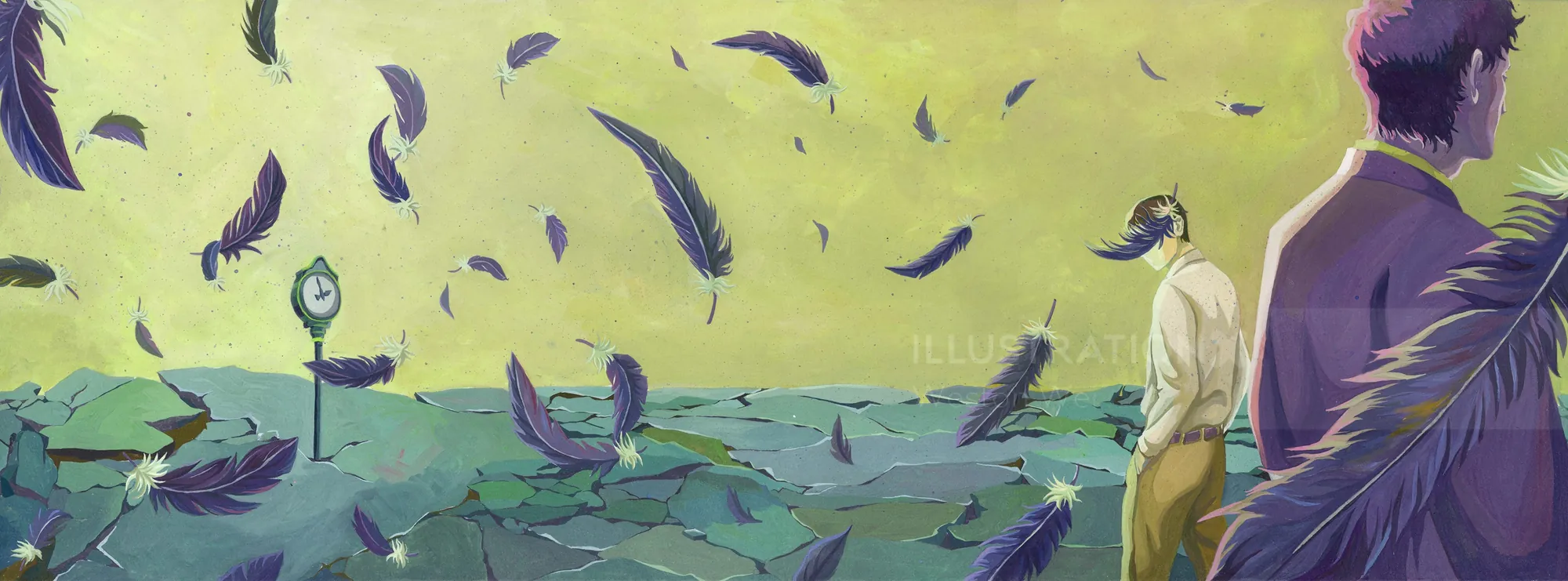 Surreal painting of two figures with floating feathers by Weston Wei