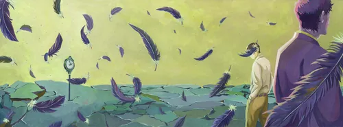 Surreal painting of two figures with floating feathers by Weston Wei