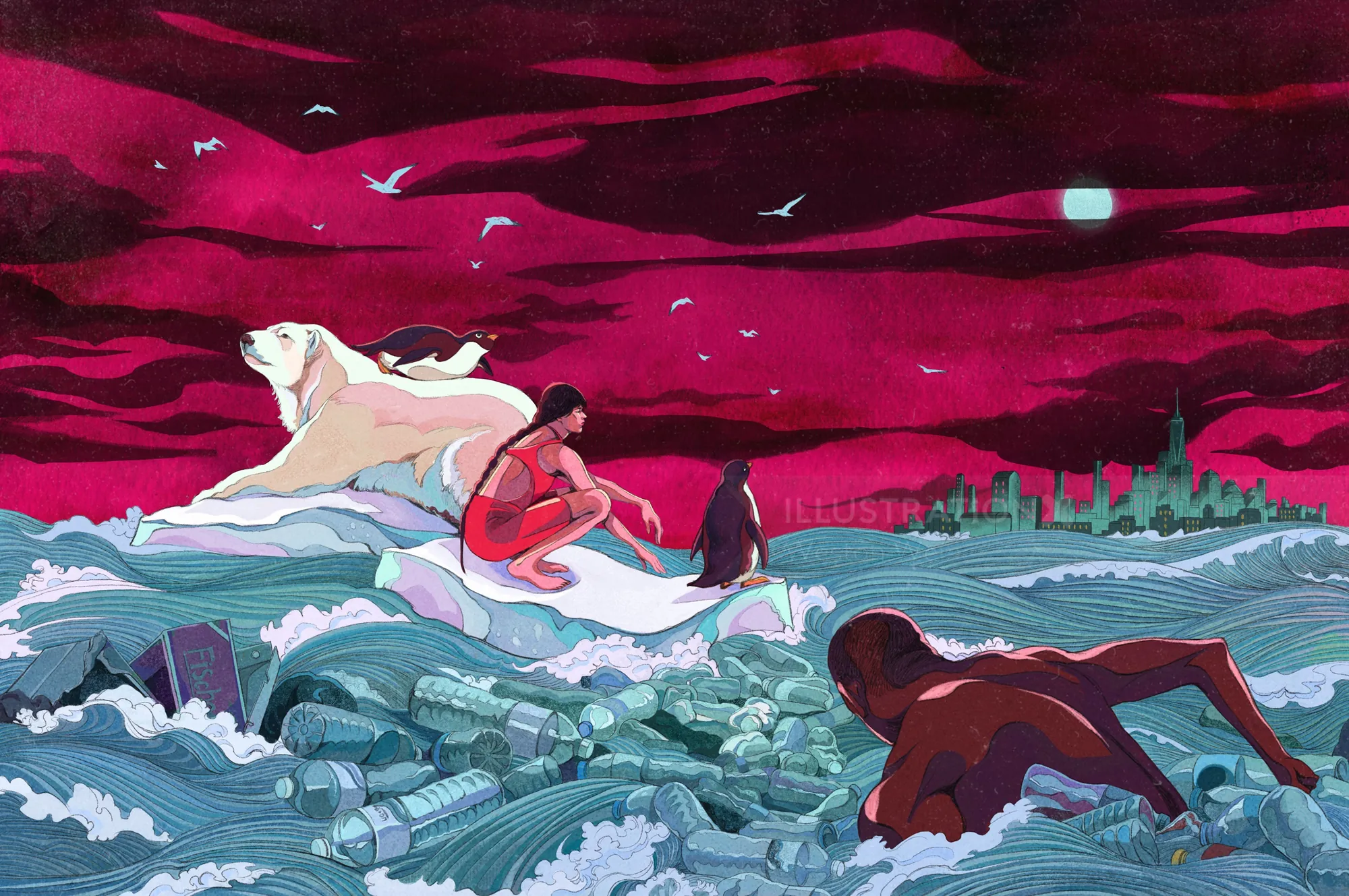 Digital painting of polar bear on ice with people swimming and city in distance by Weston Wei