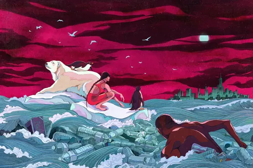 Digital painting of polar bear on ice with people swimming and city in distance by Weston Wei