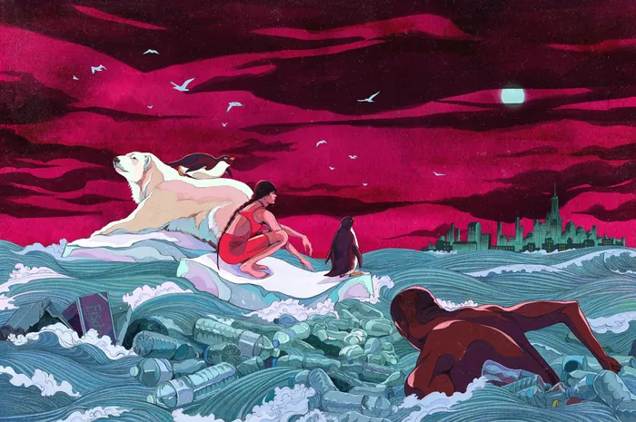Digital painting of polar bear on ice with people swimming and city in distance by Weston Wei
