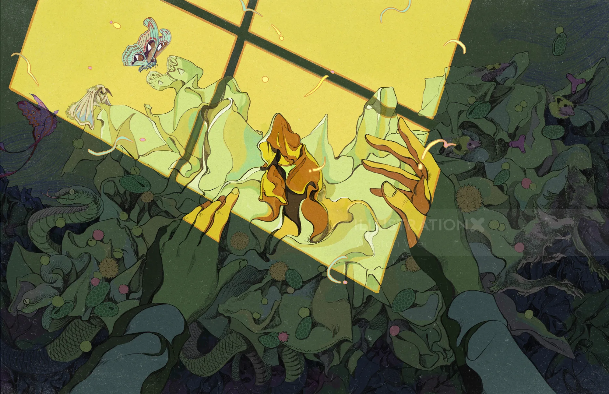 Demons crawling from a bright window into darkness by Weston Wei