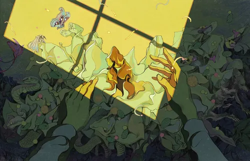 Demons crawling from a bright window into darkness by Weston Wei